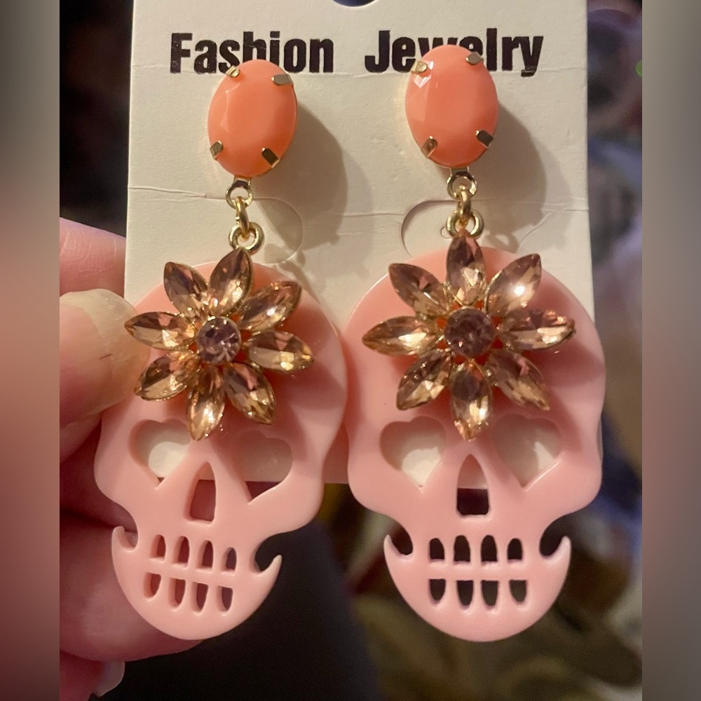 2 for $10. Pink Skull Earrings with Floral Design